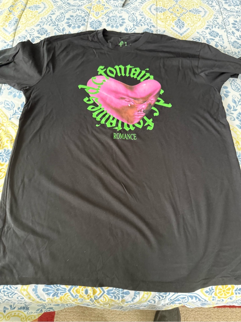 Romance Graphic Short Sleeve Tee - Black with Pink & Green Print